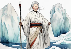 a 40 year old Inuit woman with white hair and a white robe holding a plain white staff, standing on an iceberg tattoo idea