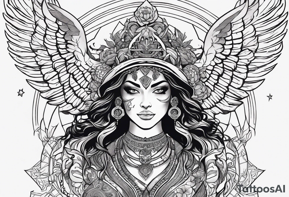 black kali, goddess pirate, alien, angel, pachamama, valkrye, warrior, flying, skull, lotus azul, wing, eagle, zenza resonance, stars, 5D, anahata chakra, death, durga, riding on a tiger, flying lady tattoo idea