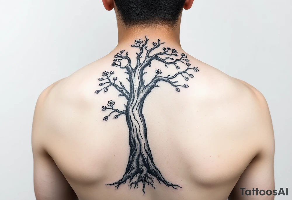 back tattoo with proverbs 31 with tree of life woman tattoo woman’s body as the trunk with no head  with roots and branches from neck with  small flowers from a few branches tattoo idea