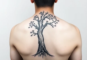 back tattoo with proverbs 31 with tree of life woman tattoo woman’s body as the trunk with no head  with roots and branches from neck with  small flowers from a few branches tattoo idea
