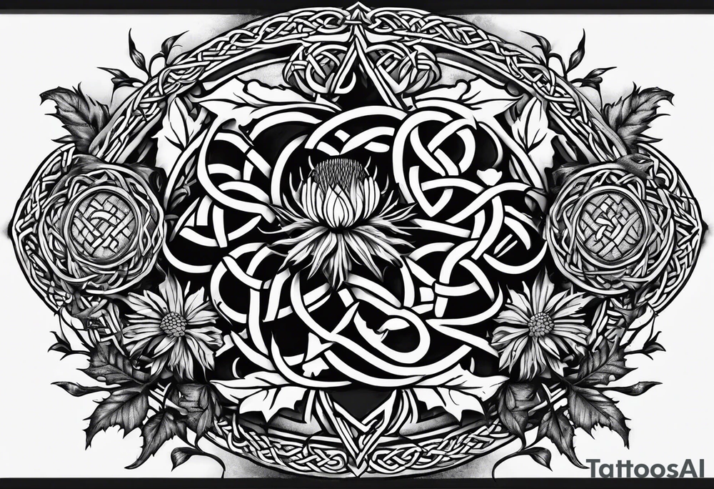 three thistles, Celtic knots, and the words "always remember there is nothing worth sharing like the love that let us share our names" tattoo idea