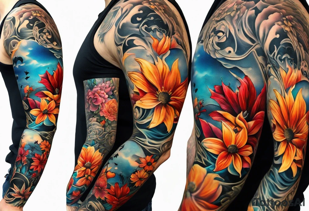 Arm sleeve with fall colors, various flowers, water flow, water splash, light house tattoo idea