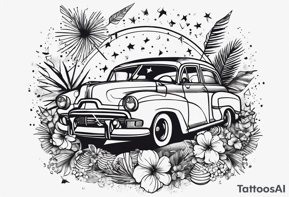 vintage beach dance party with music and confetti tattoo idea