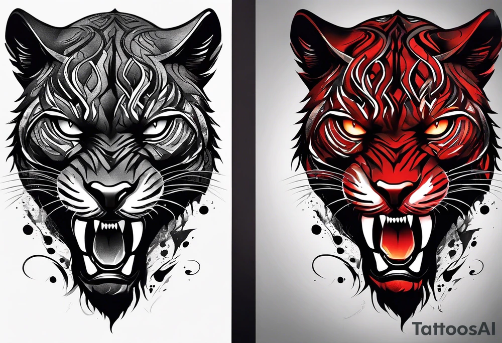 unique black panther tattoo, dynamic pose, showcasing its strength and grace, striking red eyes, intense and captivating elements, artistic flair, blending realism with abstract elements tattoo idea
