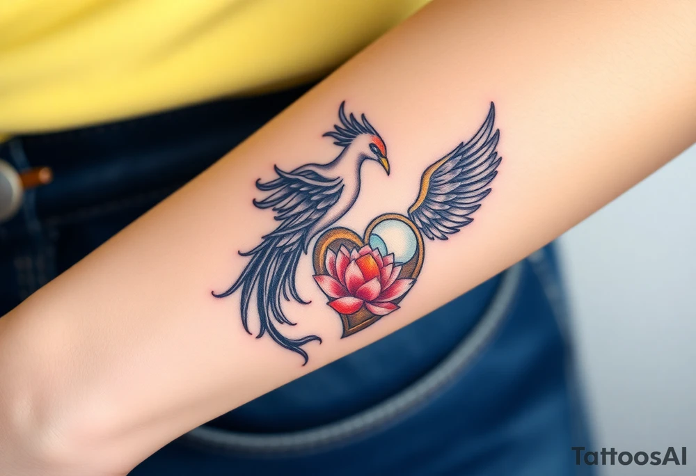 the phoenix and hour glass with lotus flower in kintsugi heart design tattoo idea