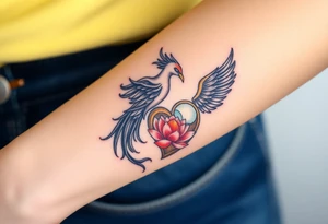 the phoenix and hour glass with lotus flower in kintsugi heart design tattoo idea