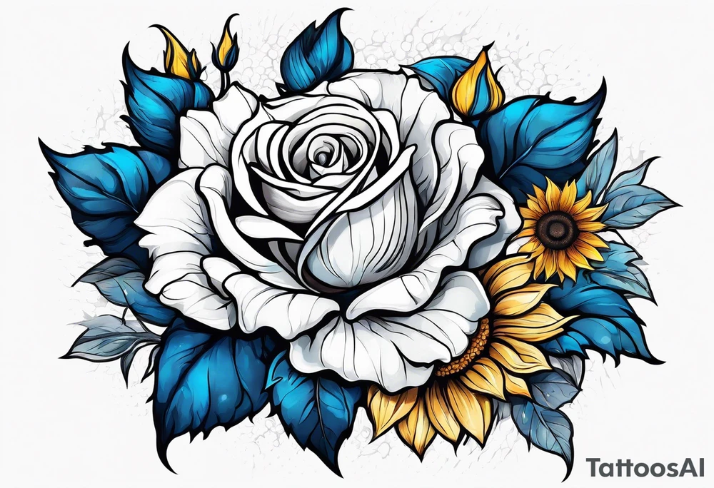 flower rose and blue, sunflower, tattoo idea