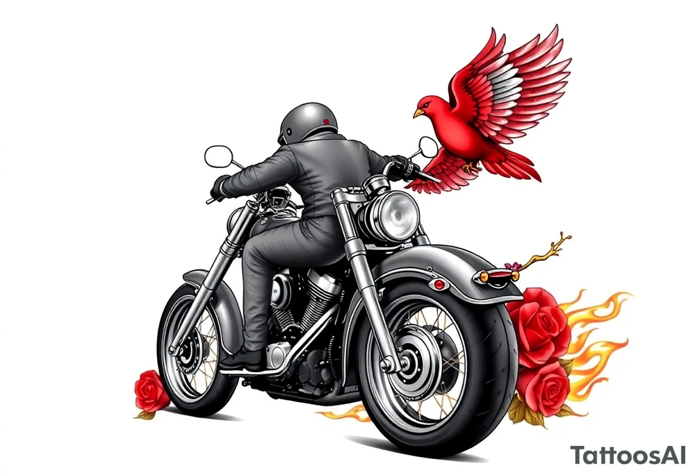 Harley grey motorcycle driving away, two red birds flying, roses, flames, angel wings tattoo idea