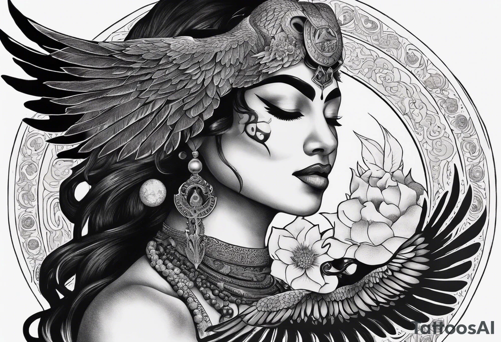 black kali, goddess pirate, alien, angel, pachamama, valkrye, warrior, flying, skull, lotus azul, wing, eagle, zenza resonance, stars, 5D, anahata chakra, death, durga, riding on a tiger, flying lady, kundalini, chest tatoo, samuri, rebel, serpent tattoo idea