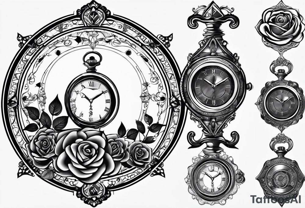 I want a design to print on t-shirts. The design is an hourglass with a wristwatch in the middle with Amazigh numbers, and this watch is surrounded by planets and Ashulk roses. tattoo idea