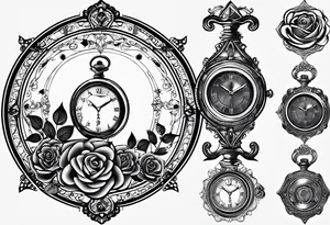 I want a design to print on t-shirts. The design is an hourglass with a wristwatch in the middle with Amazigh numbers, and this watch is surrounded by planets and Ashulk roses. tattoo idea