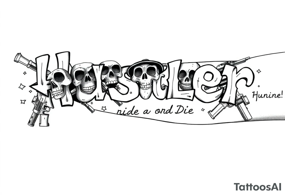 The word "hustler" with dead skulls Hispanic cholas drugs and guns with abstract shades and the name Candice in it with the phrase ride or die filling up a part tattoo idea