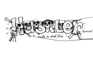 The word "hustler" with dead skulls Hispanic cholas drugs and guns with abstract shades and the name Candice in it with the phrase ride or die filling up a part tattoo idea