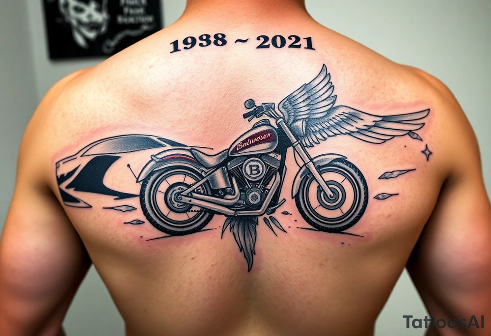 Dale Earnhardt car on it with the year 1958 - 2021 intertwined with a motorcycle with a Budweiser logo on it with a guardian angel wolf tattoo idea