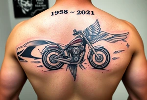 Dale Earnhardt car on it with the year 1958 - 2021 intertwined with a motorcycle with a Budweiser logo on it with a guardian angel wolf tattoo idea