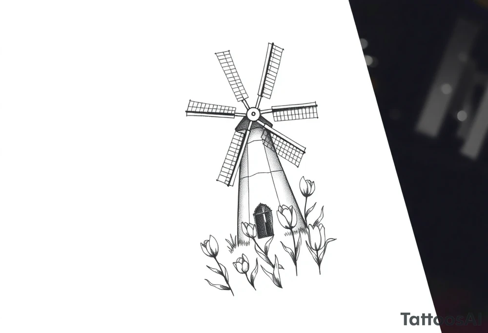 Dutch windmill with tulips tattoo idea