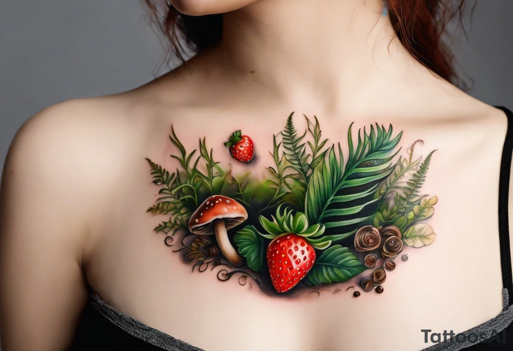 forest floor inspired realistic tattoo, which includes grass, curly ferns and dead leaves as the bulk of the tattoo. details to include: three very tiny strawberries, a tiny bumblebee flying nearby, three small brown mushrooms tattoo idea