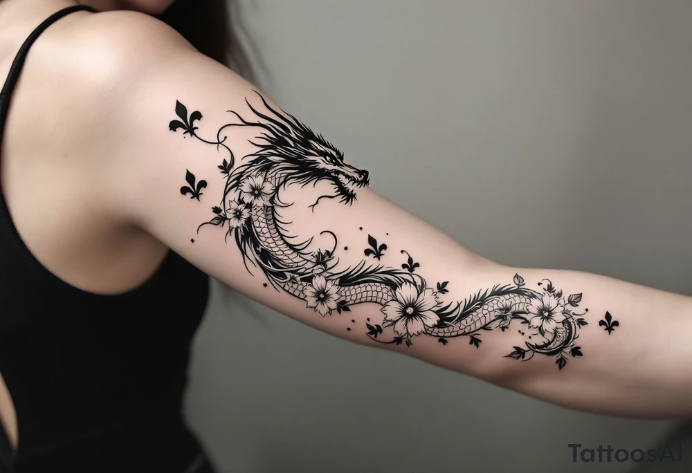 un dragon central entouré de fleurs de lys tattoo idea