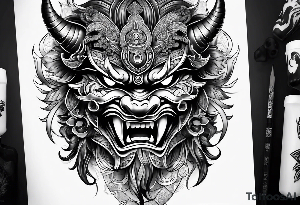 Japenese henya mask black tusk tattoo idea
