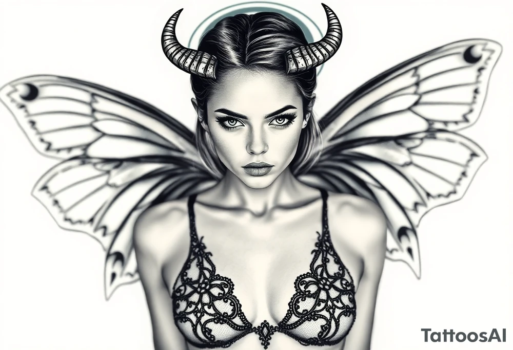 A powerful extremely sexy depiction of a start date with angel wings resembling that of a lunar moth and horns resembling the moths antennas with the son of of her head as if a Halo with two crescent men's off to each side full frontal nude with exotic see through lingerie with a sensual enticing glare short hair length of approximately 8 inches realistic tattoo idea