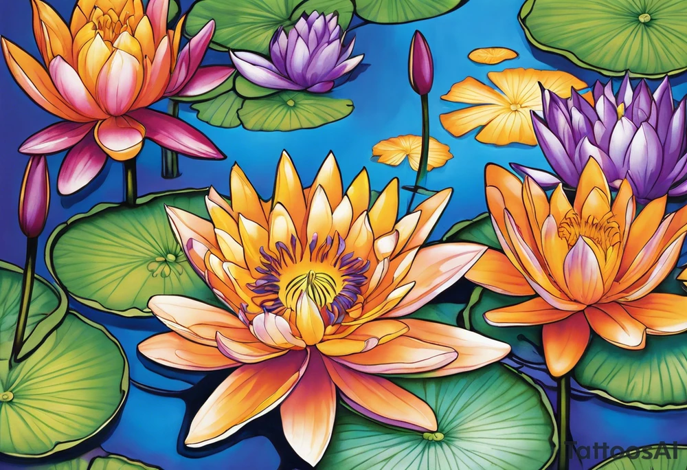 Design a vine of flowers tattoo Centerpiece: Blue and purple Water Lily: Place this at the center, its petals elegantly spread, symbolizing serenity. Place a blue butterfly resting on the waterlily Orange Marigold: Positioned to one side of and below the water lily, with vibrant petals, and a small bumblebee buzzing nearby. Purple Gladiolus: Tall and striking, place these on one side and above the water lily cascading slightly for a natural look. Purple Iris: Integrate these on the opposite side and above the water lily, their unique shape adding depth and contrast. Pink Rose: Position this slightly below the water lily with its delicate petals and gentle curves. Interweave around the water lily, Marigold and rose christmas holy vine with dark green leaves and red berries Vine and Leaves: Use flowing vines that interweave between the flowers, creating a cohesive look. Add leaves that vary in size and shape for a naturalistic tattoo idea