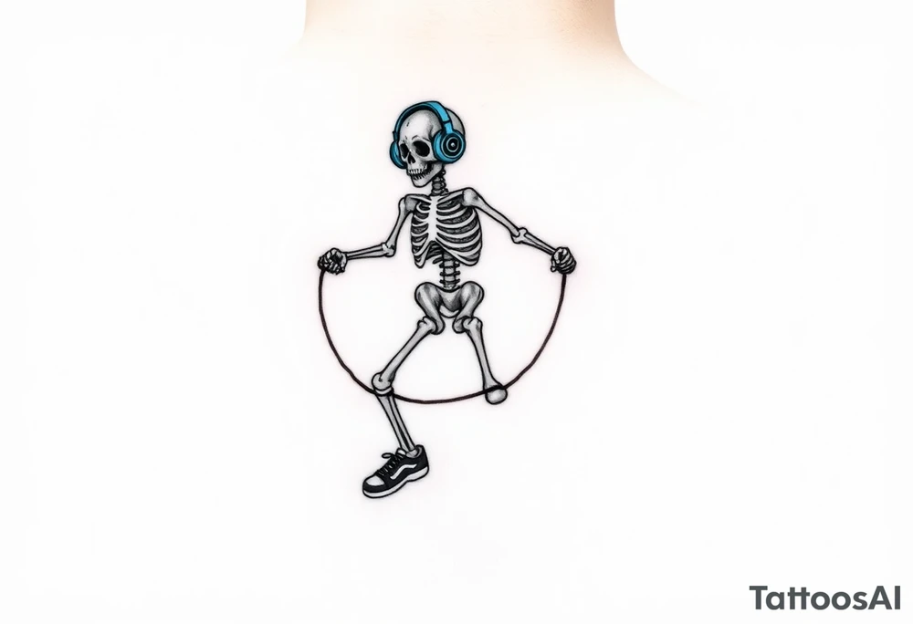 Funny small skeleton jump on exercises jump rope with a blue headphones and blue tennis shoes tattoo idea