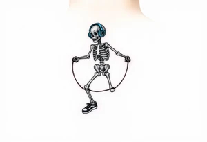Funny small skeleton jump on exercises jump rope with a blue headphones and blue tennis shoes tattoo idea