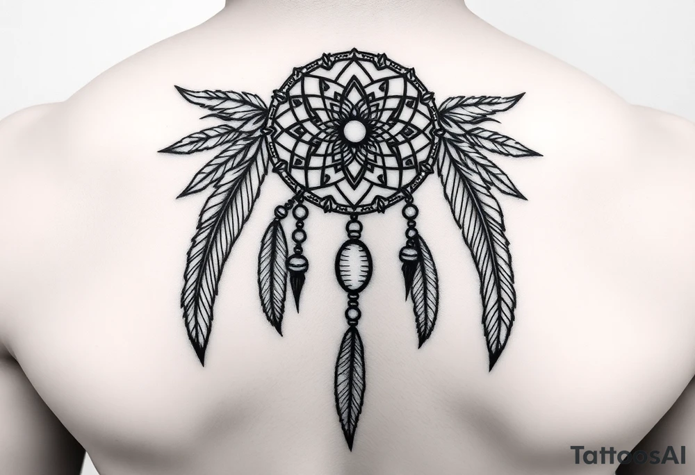 native dreamcatcher with flowing feathers and sacred beads tattoo idea