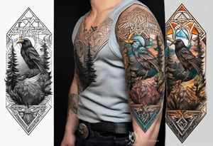 Generate a full left-arm tattoo based on Viking mythology. It has to be a tree with Odin standing next to it, add crows and also a background. tattoo idea