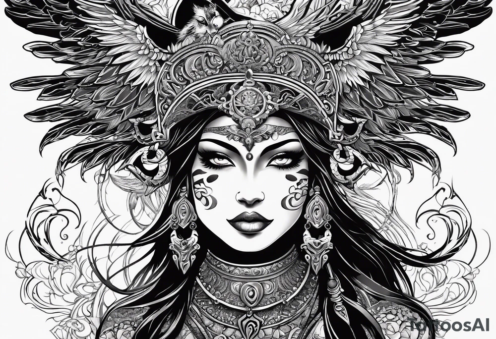 black kali, goddess pirate, alien, angel, pachamama, valkrye, warrior, flying, skull, lotus azul, wing, eagle, zenza resonance, stars, 5D, anahata chakra, death, durga, riding on a tiger, flying lady tattoo idea
