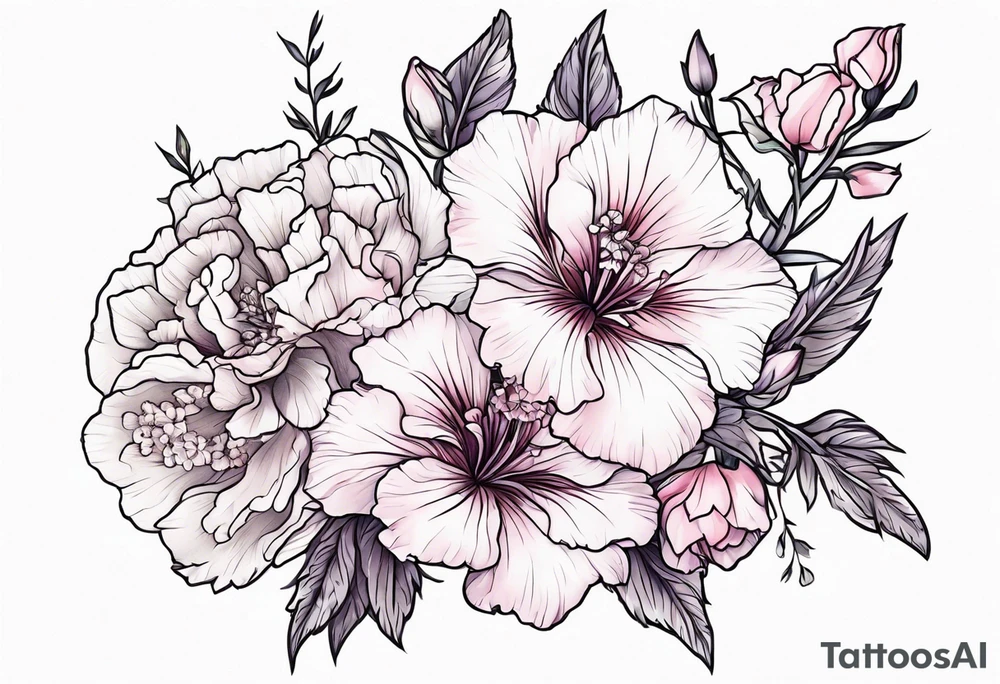 Larkspur flowers and carnation flowers in all color tattoo idea