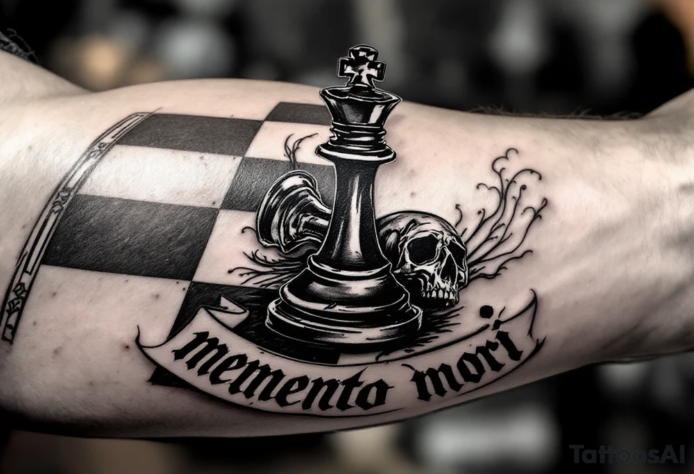 A chessboard with a fallen black king piece shaped like a skull, with "memento mori" in elegant black Gothic lettering across the board’s edge. tattoo idea