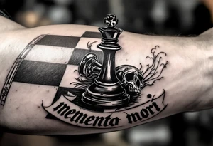 A chessboard with a fallen black king piece shaped like a skull, with "memento mori" in elegant black Gothic lettering across the board’s edge. tattoo idea