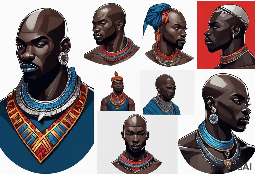 Black-skinned bald african warrior. He wears a simple and small silver crown. He uses blue and red necklaces tattoo idea