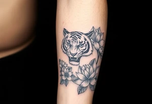 fierce tiger emerging through blooming lotus flowers in mist tattoo idea