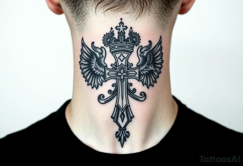 russian coat arms in a russian christian orthodox cross with the cross in the middle with a virgin mary & orthodox dome church on the side of the neck tattoo idea