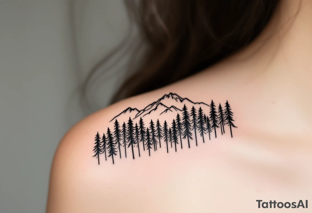 A minimalist tattoo of a forest with tall, slender trees leading toward a mountain range in the distance. The forest is dense at the bottom, filled with intricate fine lines, while the mountains gradually become more defined and detailed as they rise above the trees, representing the path out of struggle and into a clearer future. The tattoo could symbolize both the emotional journey of Exile and the hope and resolution in Out of the Woods tattoo idea