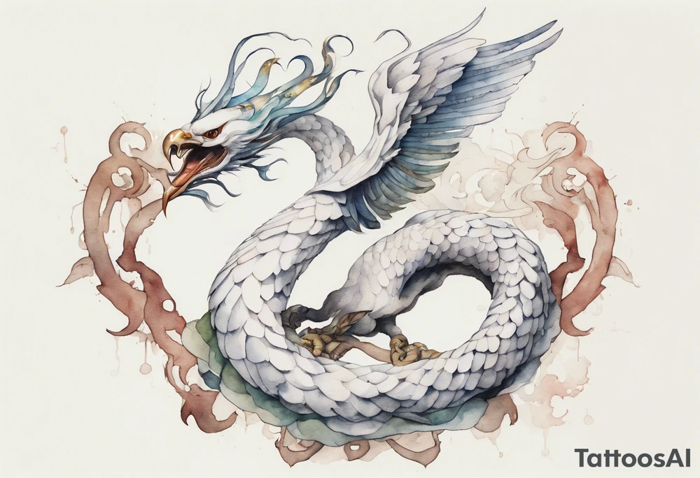 a watercolor of a white bird-serpent hybrid wearing an iron crown, flying tattoo idea