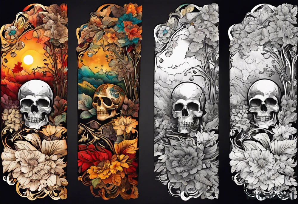 arm sleeve with fall colors, flowers, water flow shapes, leaves and various natural shapes, music notes, skulls tattoo idea