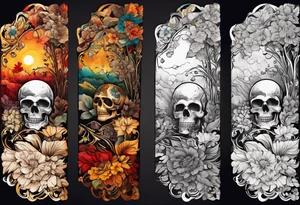 arm sleeve with fall colors, flowers, water flow shapes, leaves and various natural shapes, music notes, skulls tattoo idea