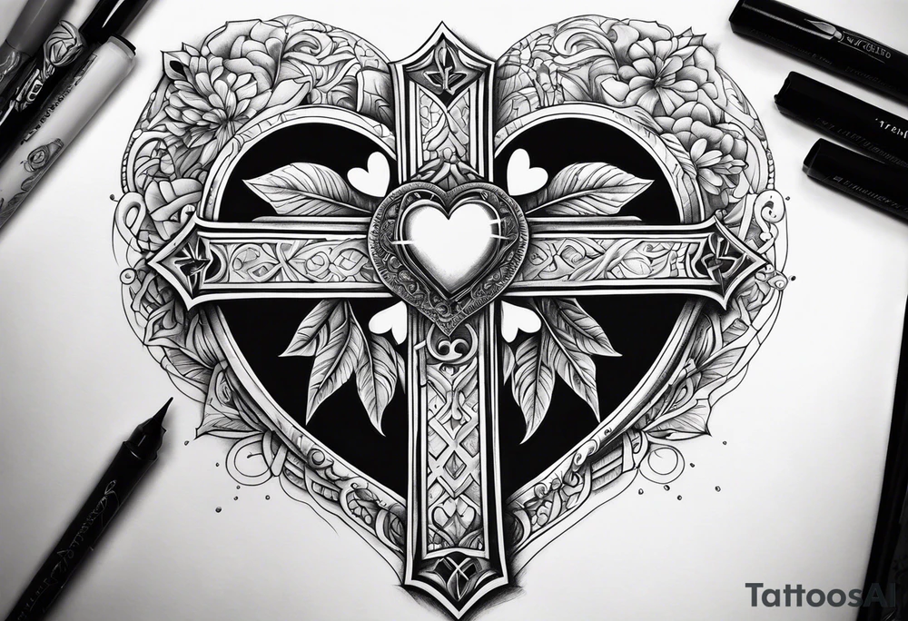 Heartbroken wit a cross and a heart that say destiny tattoo idea