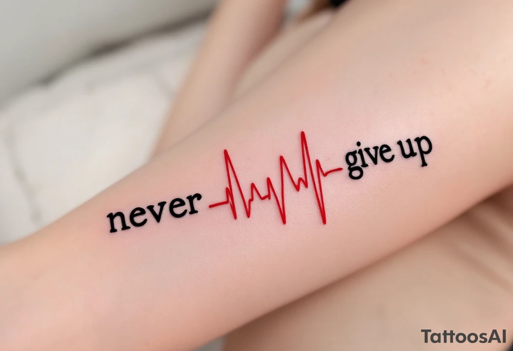 A heartbeat line turning into the words "never give up", in ink-black with a red pulse highlight. tattoo idea