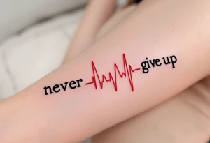 A heartbeat line turning into the words "never give up", in ink-black with a red pulse highlight. tattoo idea
