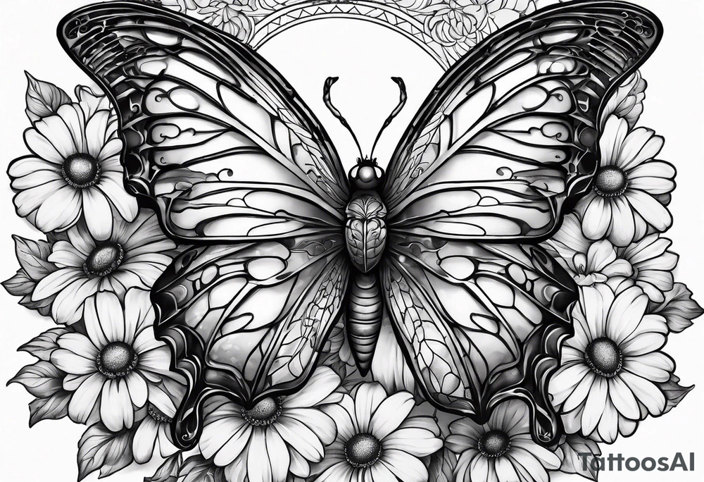 Spider in the shape of a butterfly with daisy's marigolds sweet peas and daisy's around it tattoo idea