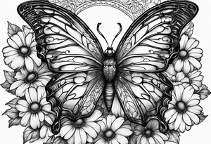 Spider in the shape of a butterfly with daisy's marigolds sweet peas and daisy's around it tattoo idea