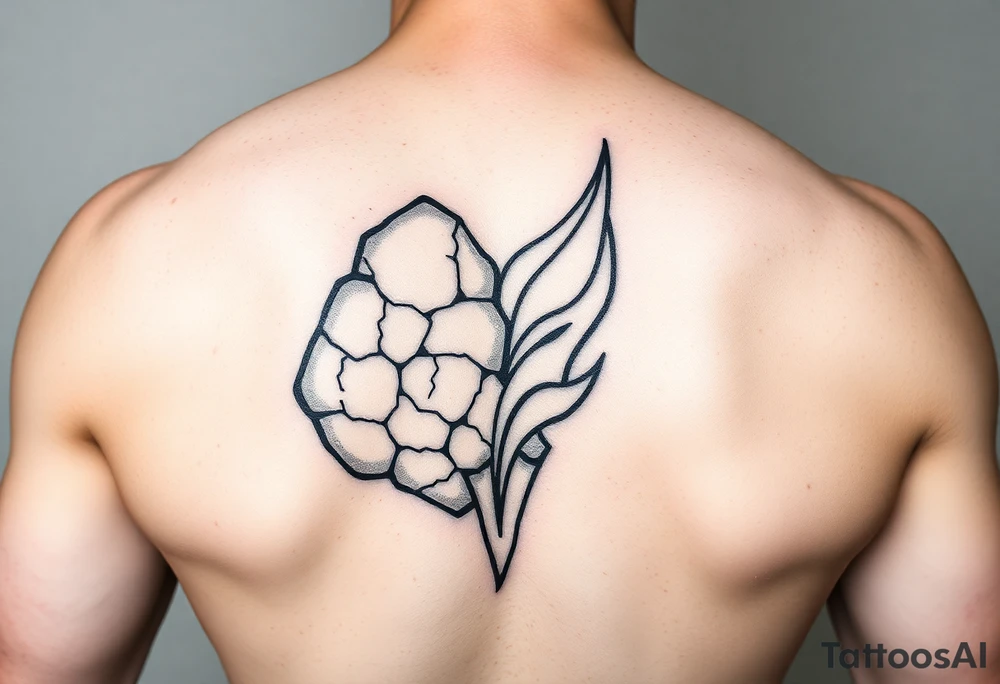 An abstract masculine tattoo combining two elements: a rugged, cracked stone shape symbolizing endurance and solitude, entwined with a sharp, flowing flame representing passion, love, and inner power. The stone has fine cracks and textures, while the flame features clean, bold lines. The two merge seamlessly, contrasting hard edges with dynamic curves. Design uses bold black linework with minimal shading, emphasizing strength and emotional complexity. tattoo idea