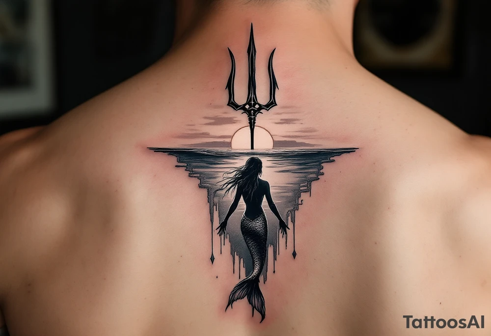 trident half way under calm water with mermaid at sunset tattoo idea
