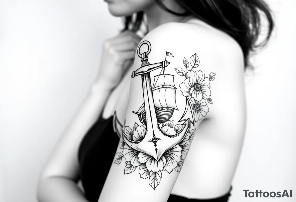 Anchor and ship hidden in floral pattern tattoo idea