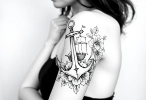 Anchor and ship hidden in floral pattern tattoo idea