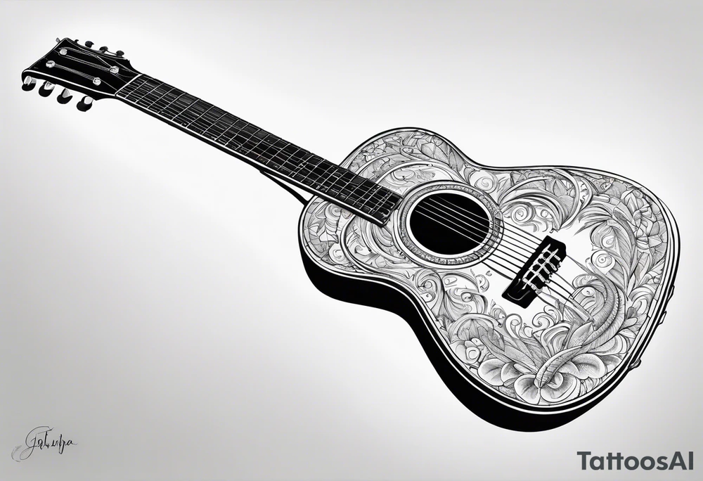 A minimalist guitar design, small in size, with clean lines and vintage detailing. The guitar represents a deep connection to music, with a classic, understated design that captures its essence without embellishments. tattoo idea